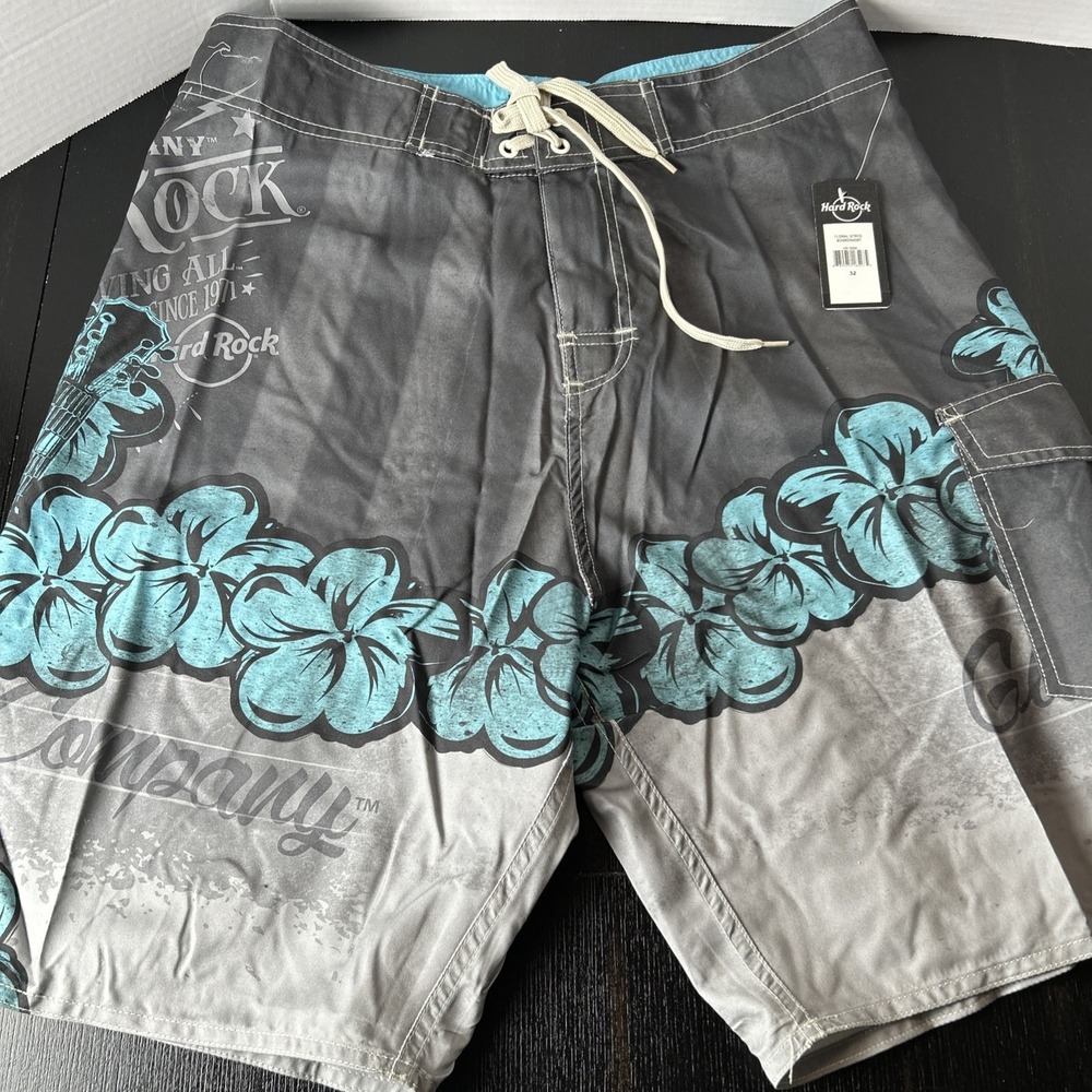 Hard Rock Board Shorts Mens 32 Swim Trunks Board Shorts Floral Guitar Hawaiian